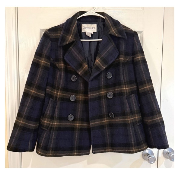 Chadwick's Plaid Wool Blend Pea Coat‎ Jacket Blue Brown Womens Petite - Picture 1 of 4